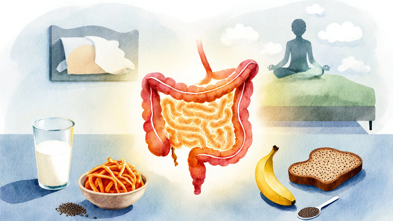 Akvarel ukazující zdravá střeva obklopená kefírem, kimchi, celým zrnkem a meditační postavou.