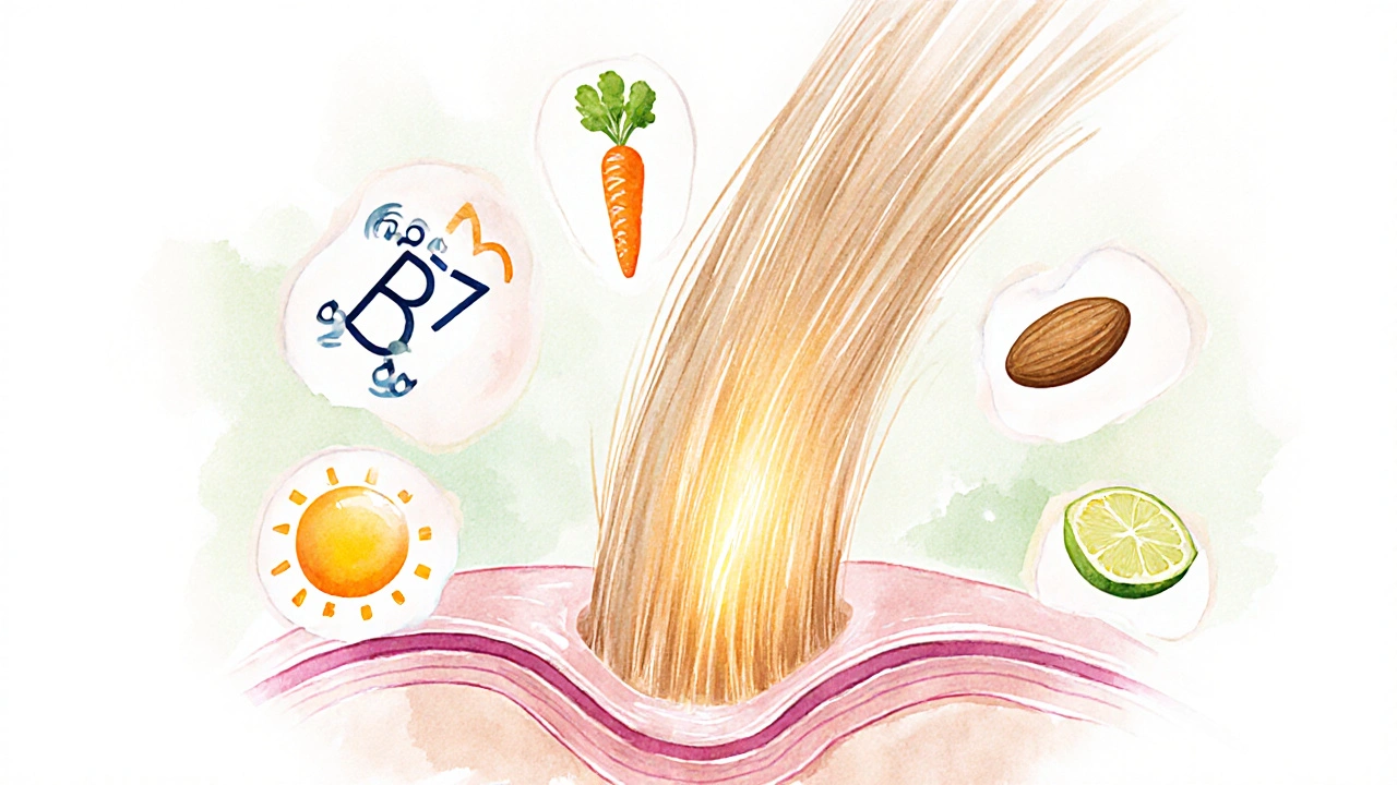 Detail vlasového folikulu s vyznačenými vitamíny B7, D, A, E a C ve vodové barvě.