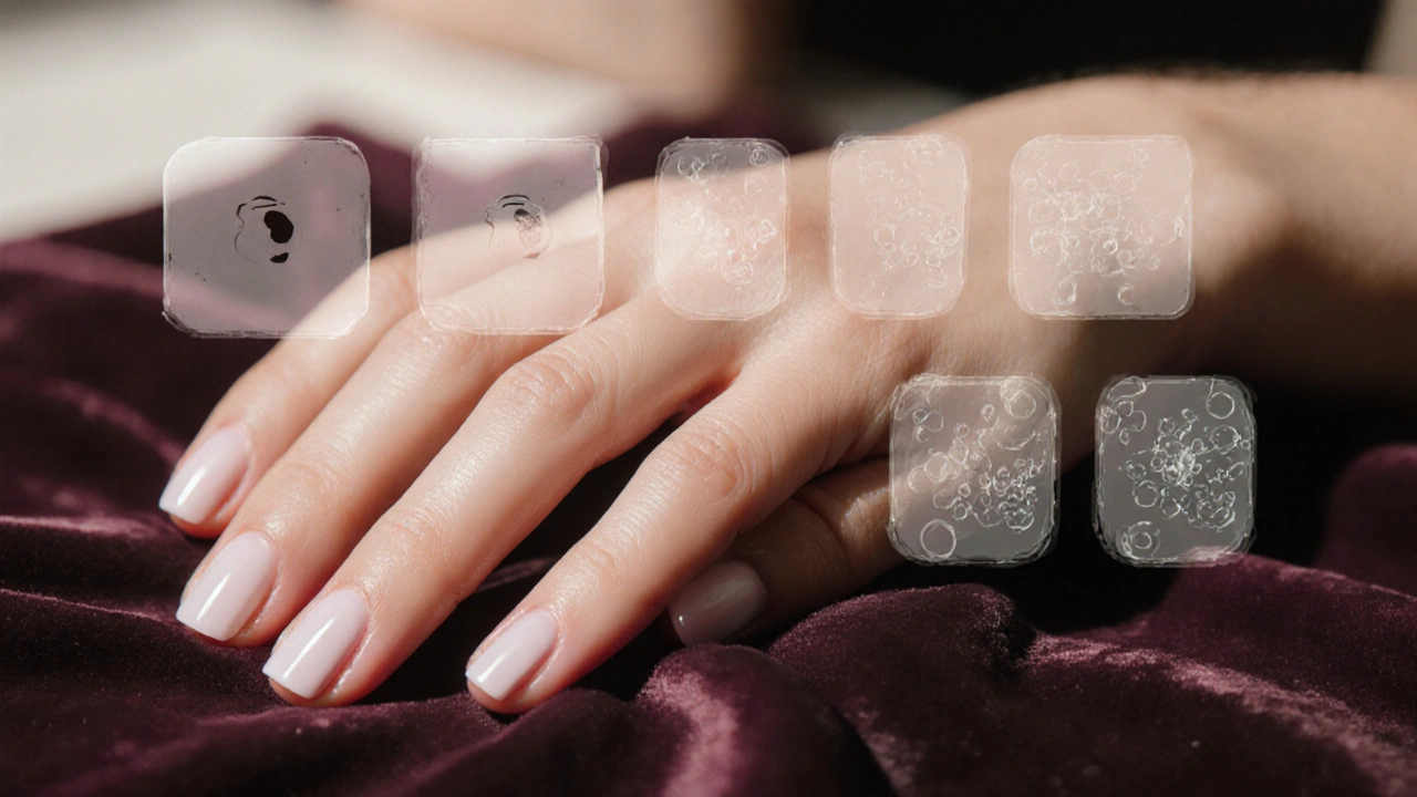 Dokončená manikúra na ruce s leskem top coatu a průhlednými stíny chyb.