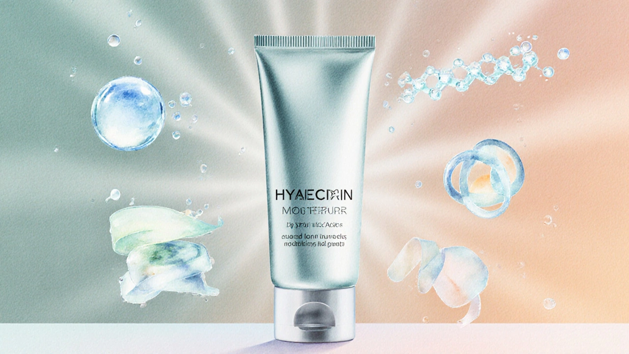 Makro zobrazení glycerinu, kyseliny hyaluronové, ceramid a krémové tuby.