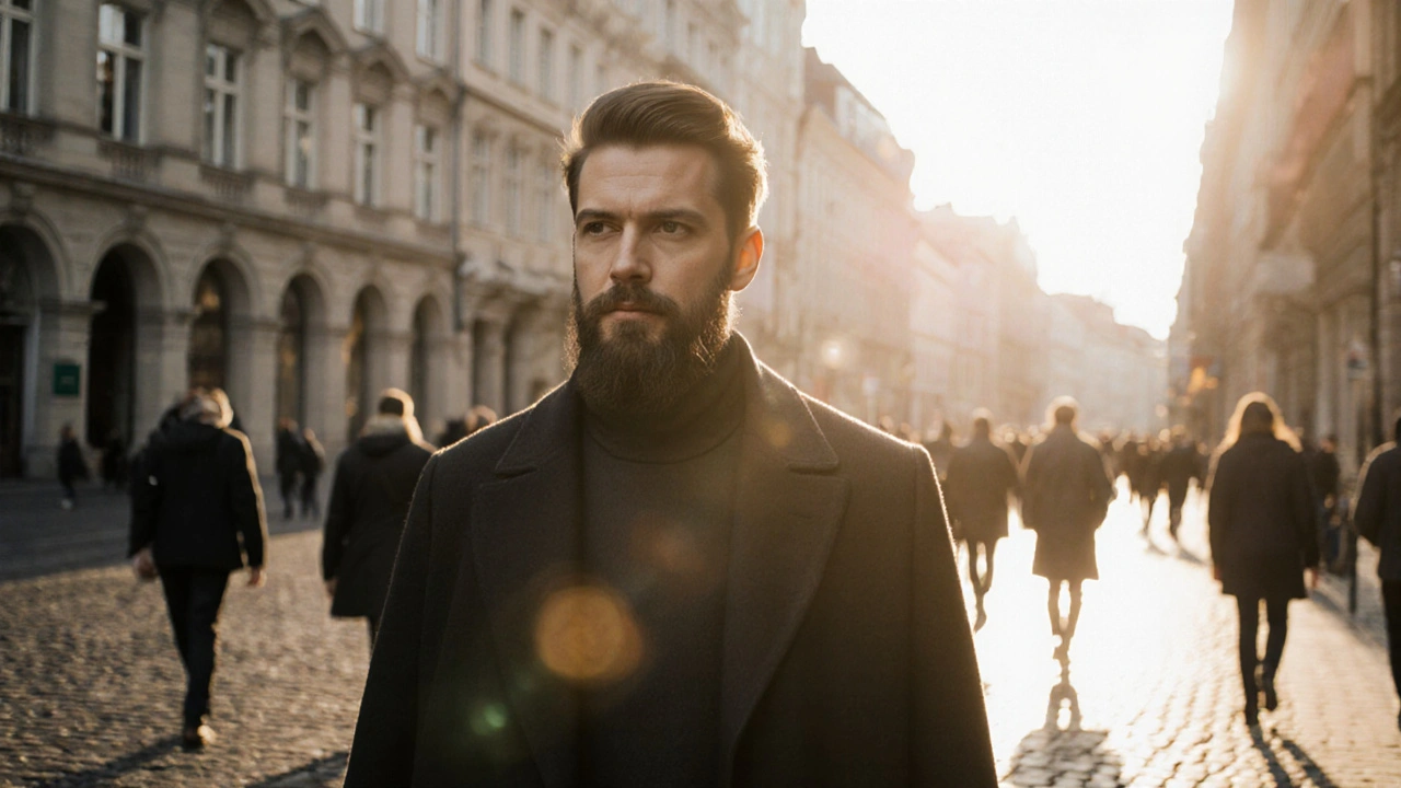 Muž s přirozeným stínem vousů prochází ulicí v českém městě, zdůrazňující zdravý styl.