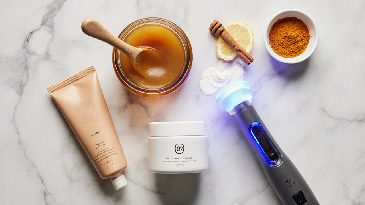 Ploché uspořádání různých metod odstraňování chloupků: vosk, cukrový vosk, krém, IPL, laser a přírodní ingredience.