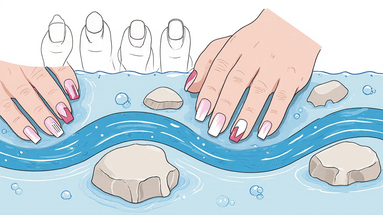 Umělá ilustrace kroků manikúry jako toku barevných proudů na kameních.