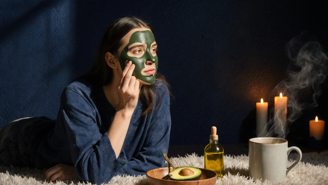 Večerní péče – žena nanáší noční masku při svíčkové atmosféře.