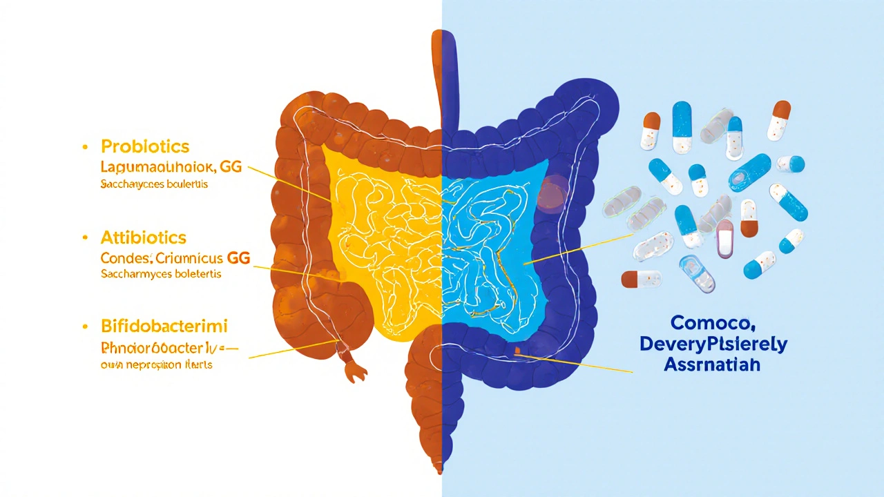 Zdravá střevní mikroflóra proti ničení antibiotiky, vizuální porovnání bakterií.