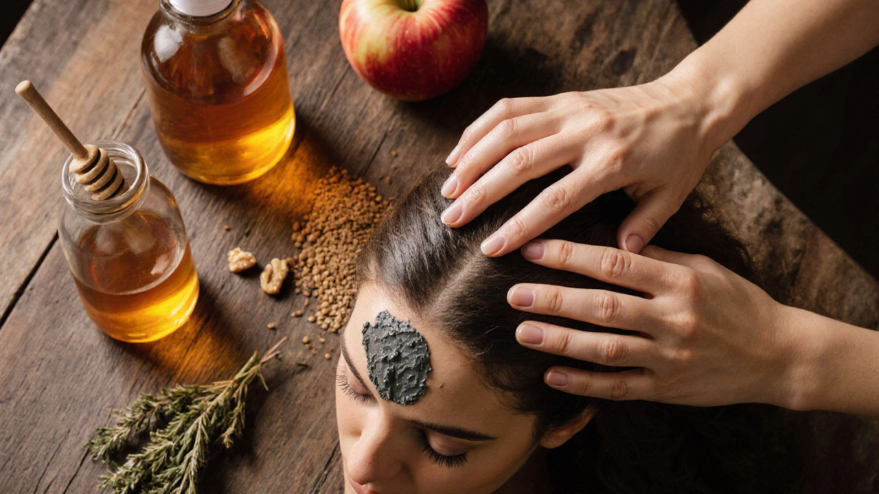 Žena aplikuje hlíněnou pastu na kůži hlavy s přírodními ingrediencemi kolem sebe.