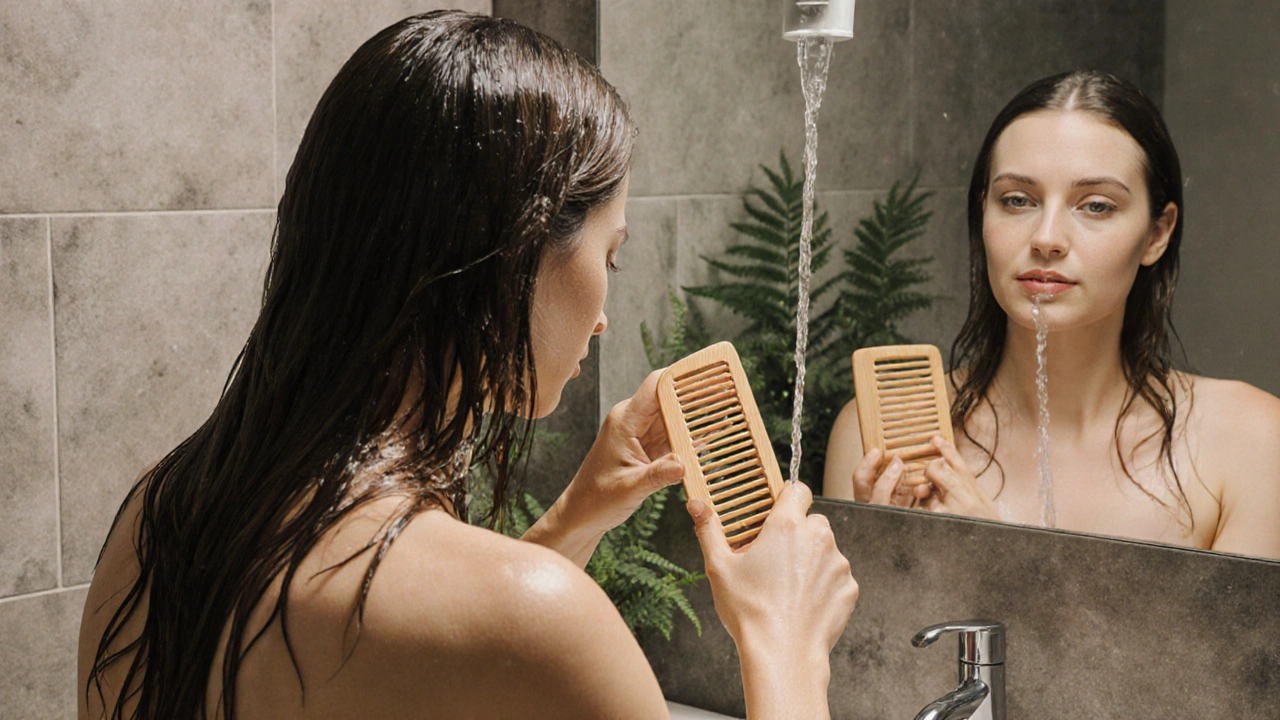 Žena pročesá vlasy hřebenem pod teplou vodou, symbolizující přirozené čištění bez šamponu.