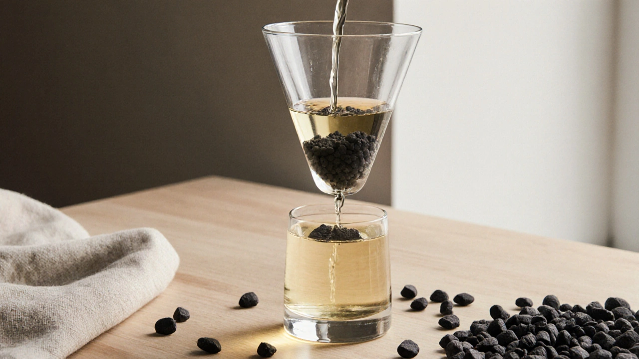 Bílé víno prochází filtrací aktivním uhlím, zachovávající jeho chuť a barvu.