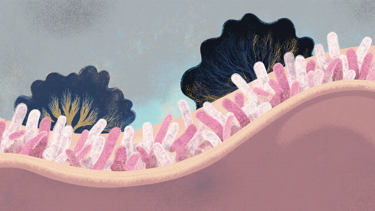 Dekorativní ilustrace zdravého vaginálního mikrobiomu s laktobacily a odstupujícími plísňovými tvary.