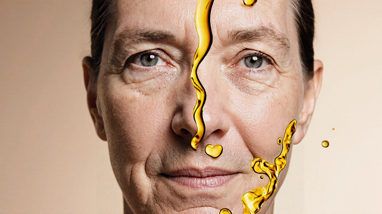 Dvoučelný obraz zralé pokožky: suchá vs. revitalizovaná olejem.