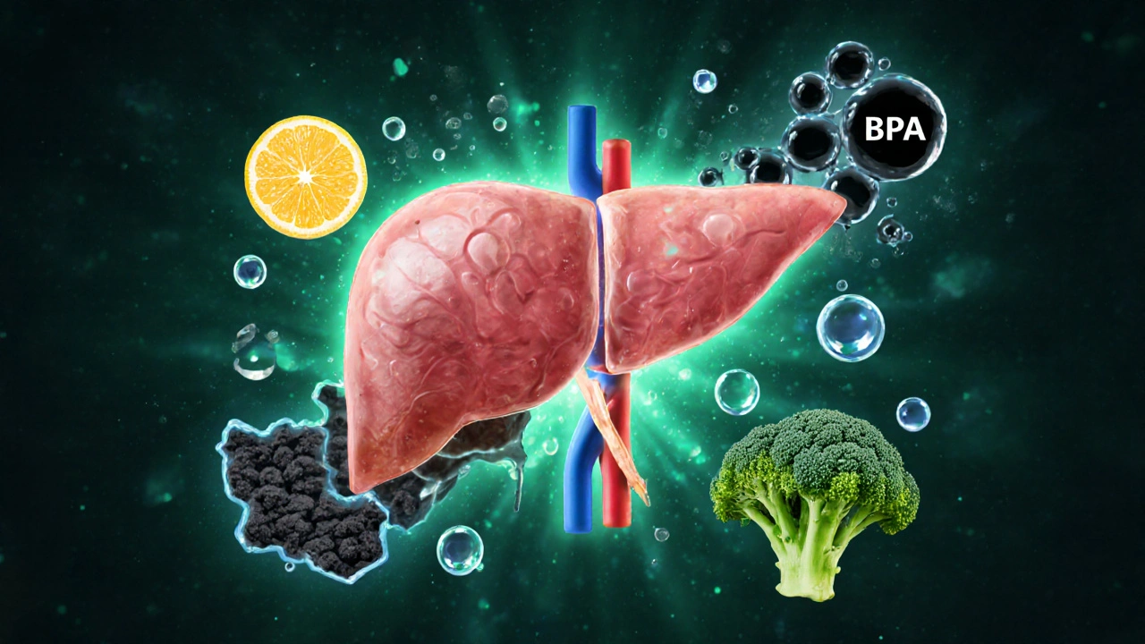 Glowing játra s detoxikačními prvky, jako jsou citrony, brokolice a filtry, odstraňující škodlivé chemikálie.