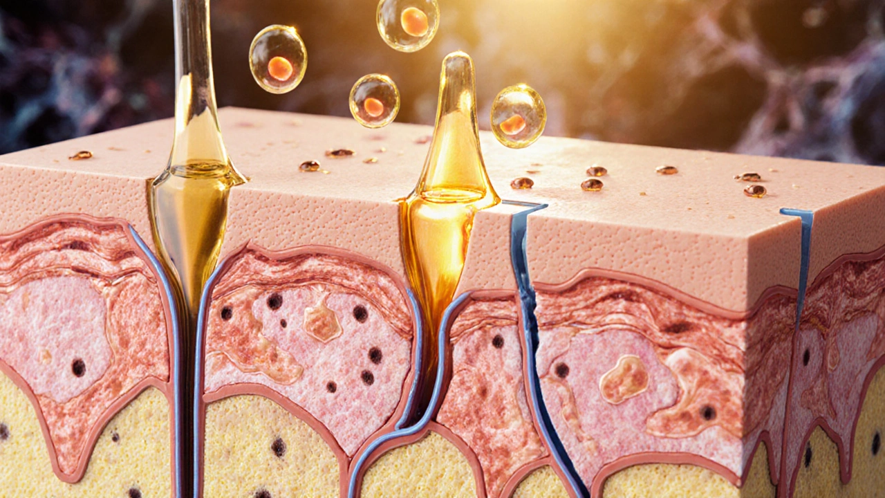 Ilustrace kůže s ceramidy a molekulami niacinamidu posilujícími bariéru