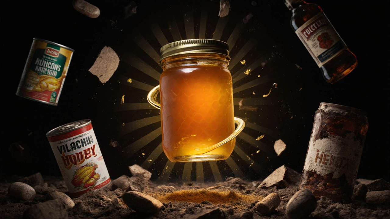 Jedna sklenice medu ve tmě, kolem ní se rozpadají doplňky stravy.