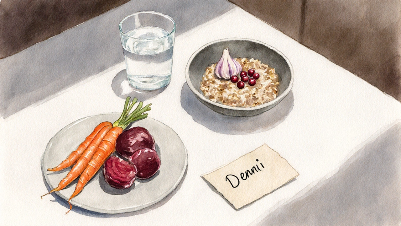 Jednoduchý oběd s kvašenou zeleninou, ovesnou kaší a šípky na stole v domácím prostředí.