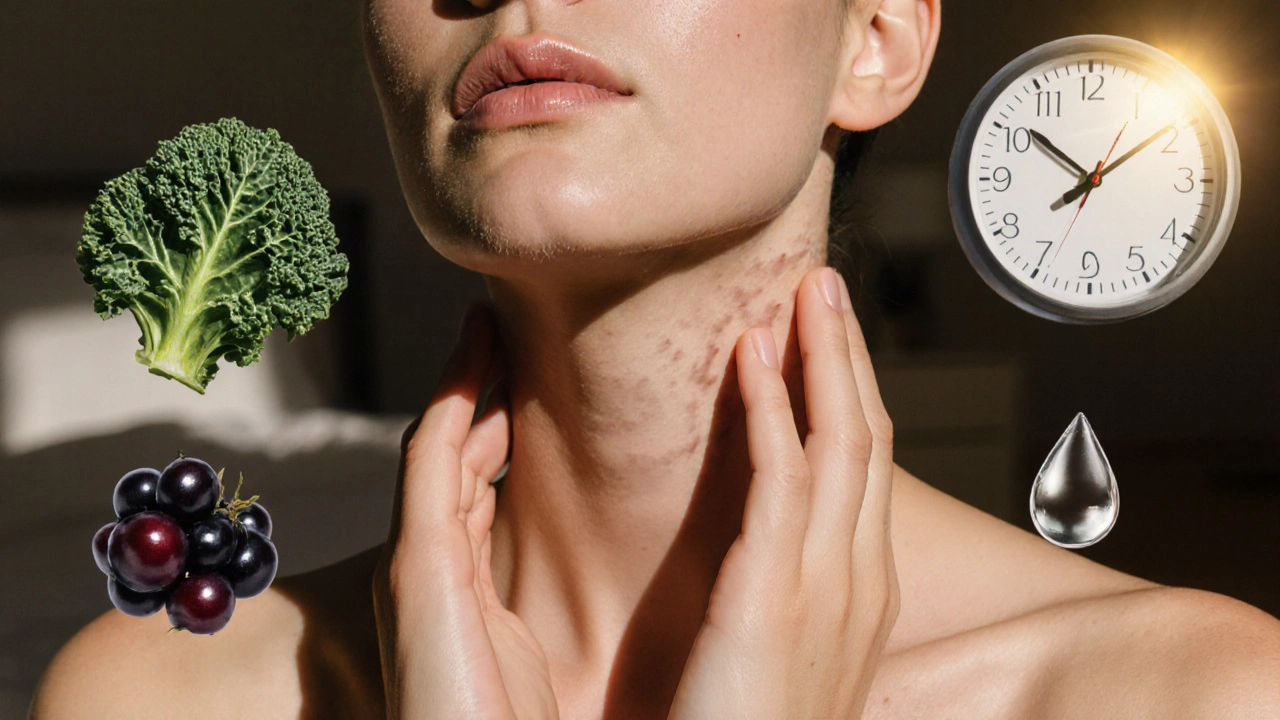 Jemná masáž obličeje a krku pod teplým světlem s přírodními prvky