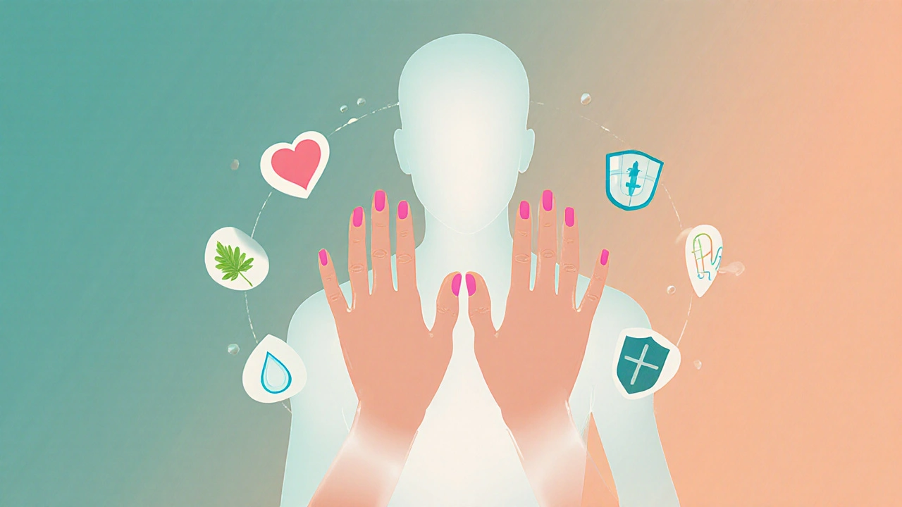 Konce nehtů jako zrcadlo zdraví s symboly péče o tělo kolem rukou.