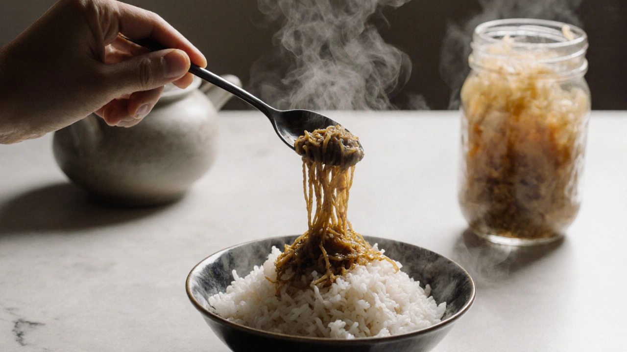 Lžíce natto na rýži s miso hrnčíkem a kvaseným zelím na pozadí.