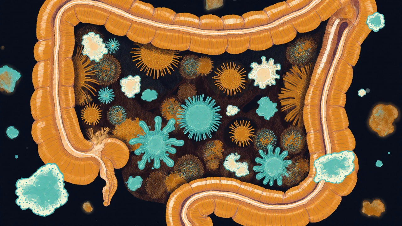 Mikroskopický pohled na prospěšné bakterie v střevech s kousky kvasených potravin.