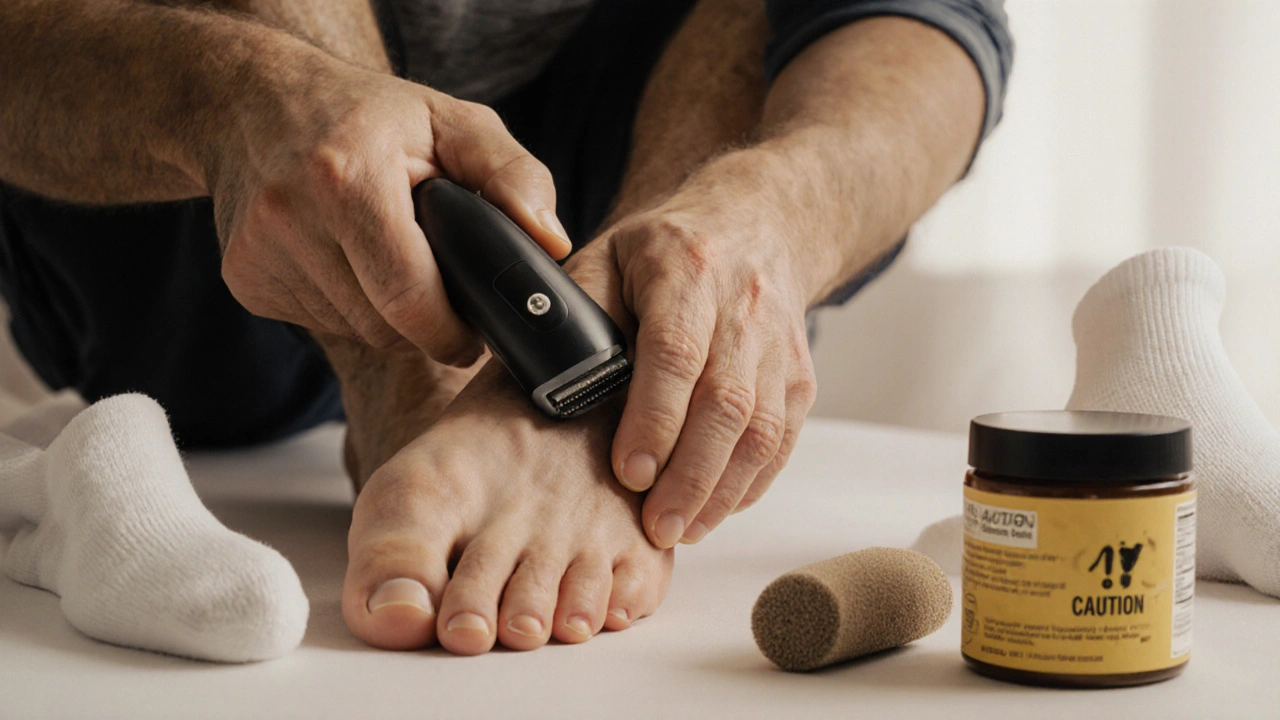 Muž s diabetem opatrně brousí paty elektrickým pilníkem, kolem něj jsou péčové předměty.