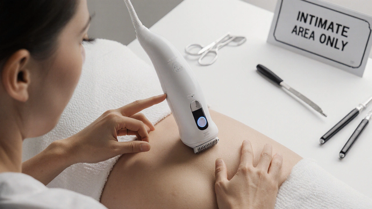 Odborník používá elektrickou depilační strojku na suchou kůži kolem konečníku.