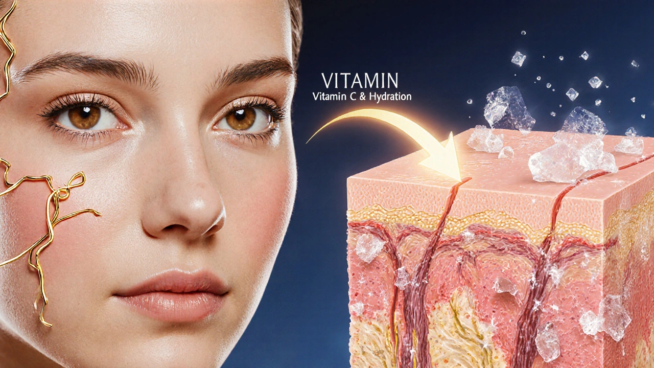 Porovnání mladé a starší pokožky s kolagenovými vlákny a vitamínem C