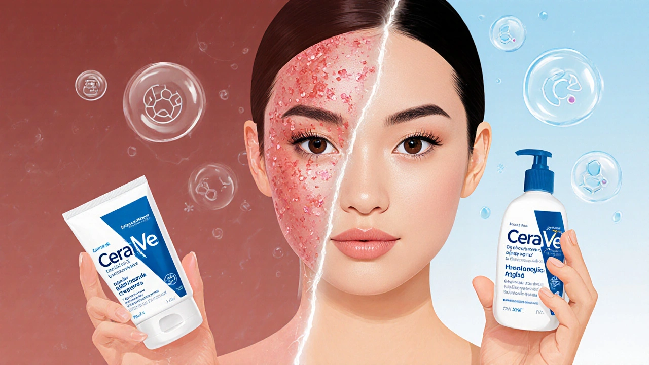 Porovnání podrážděné a obnovené pokožky s produkty CeraVe.