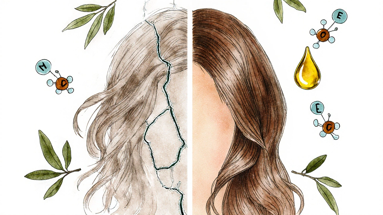 Porovnání poškozených a regenerovaných konců vlasů s olejem.