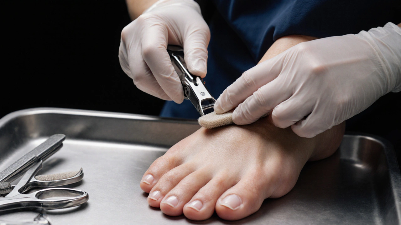 Profesionální pedikýra pečlivě řízne nehty a odstraňuje kalusy sterilními nástroji.