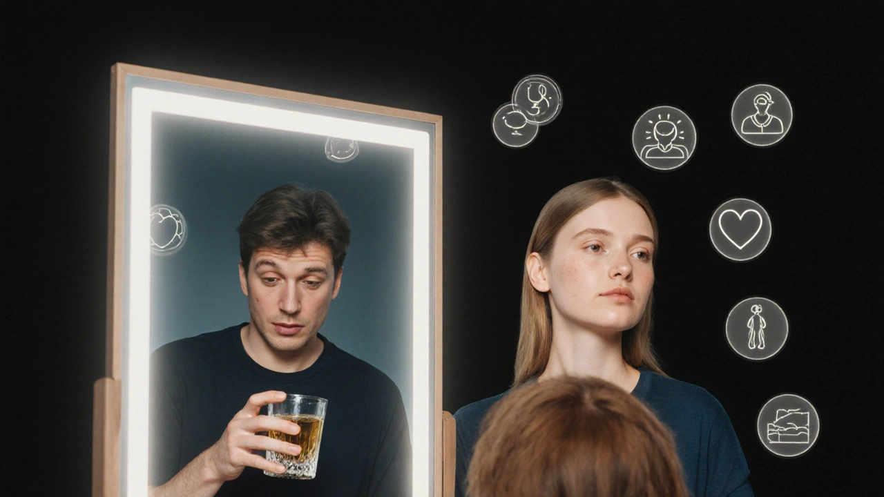 Reflexe člověka před zrcadlem: dvě verze — s alkoholem a bez něj — symbolizující přeměnu po roce.