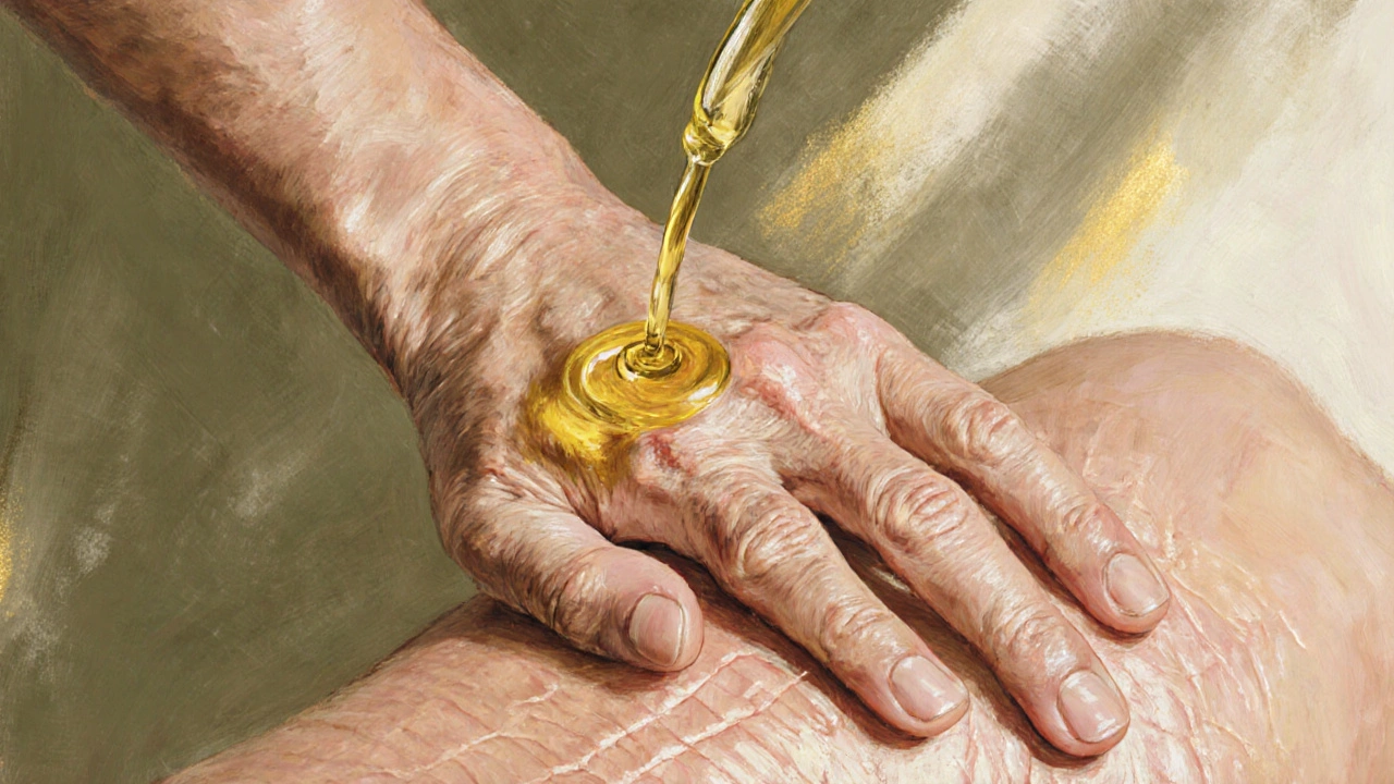 Ruka masíruje jojobový olej do starší kůže jemnými pohyby.