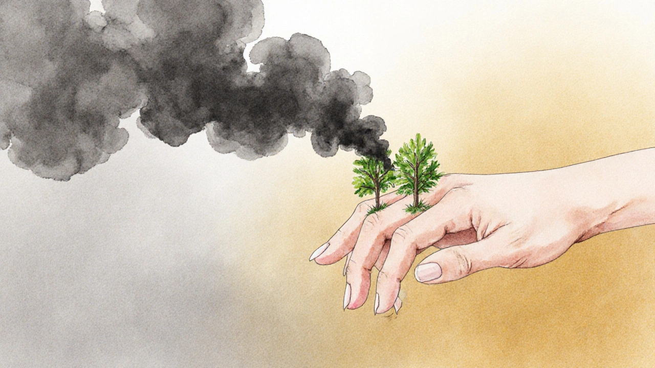 Ruka se mění z kousání nehtů na zdravé nehty jako listy stromů, stresové mraky se rozptylují.