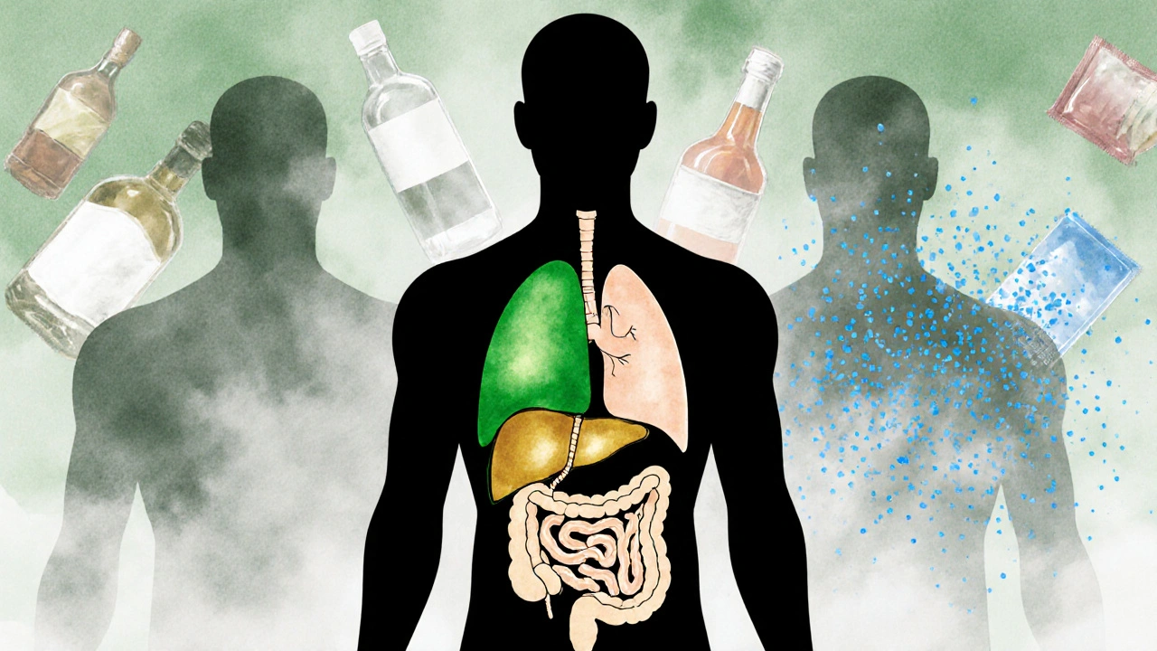 Silueta lidského těla s obnovenými játry, kůží a střevy, zatímco škodlivé návyky mizí jako mlha.