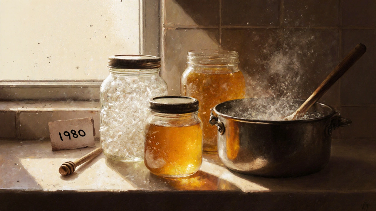 Sklad skleněných nádob s medem a teplou vodou pro ztekutnění krystalizovaného medu.