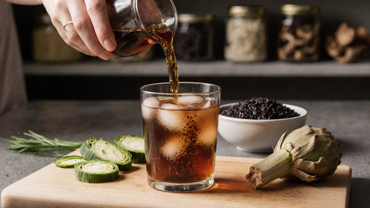 Sklenice s kombuchou a viditelnými vlákny SCOBY vedle chladné černé rýže a chřestu.