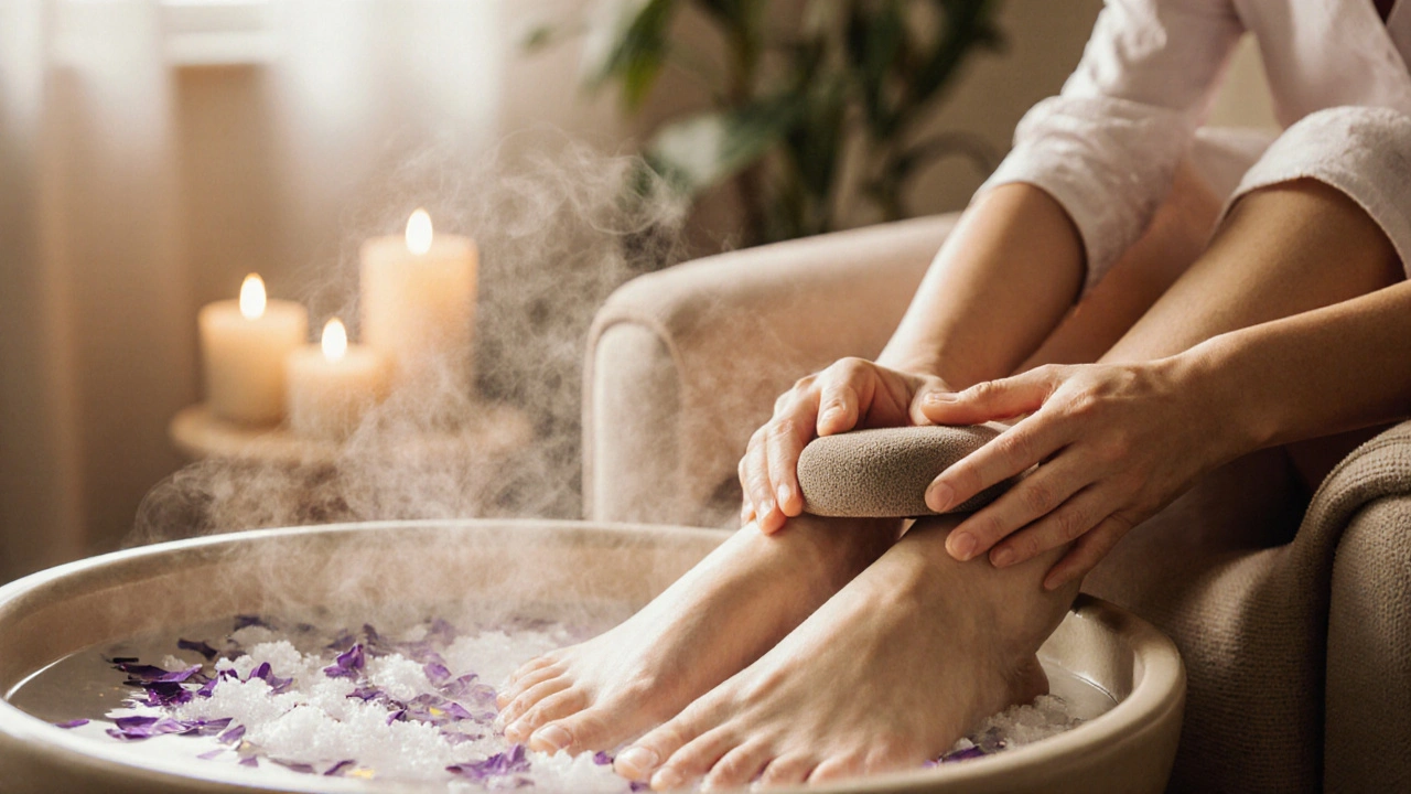 Spa pedikúra s nohama v koupeli s solí a lilie, osoba se uvolňuje.