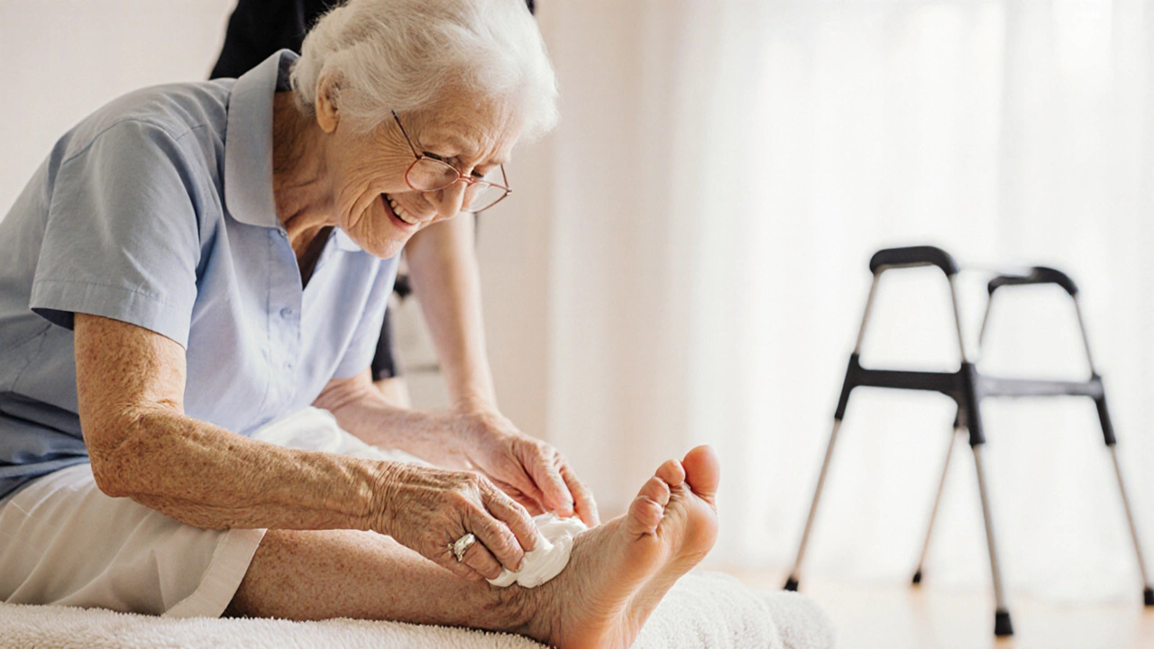 Starší žena si nechává aplikovat hydratační krém na nohy s péčí a úctou.