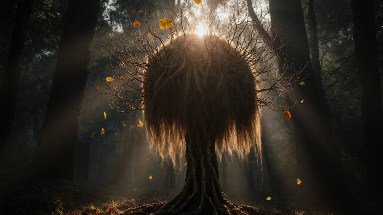 Strom s kořeny jako vlasové folikuly a větvemi z vlasů, které padají jako listy.