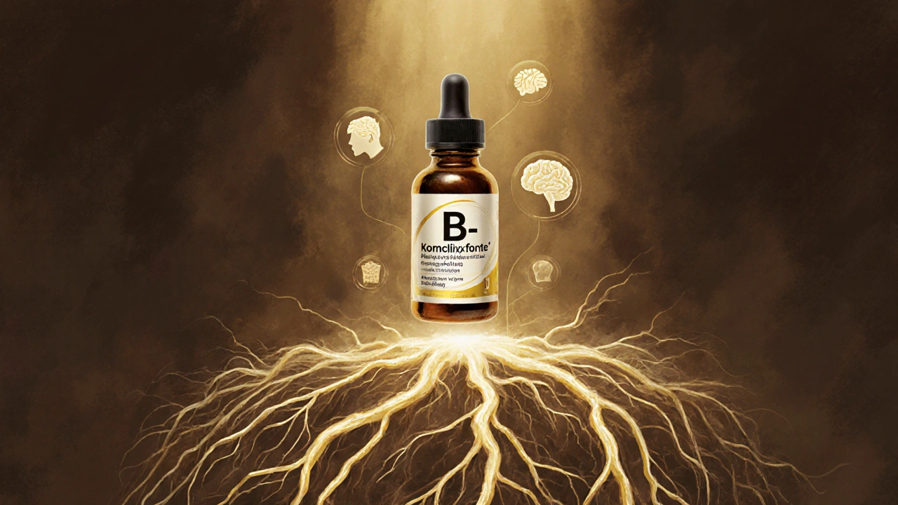 Stylovaný nervový systém září zlatou energií, spojený s láhví B-komplexu a ikonami vlasů a mozku.