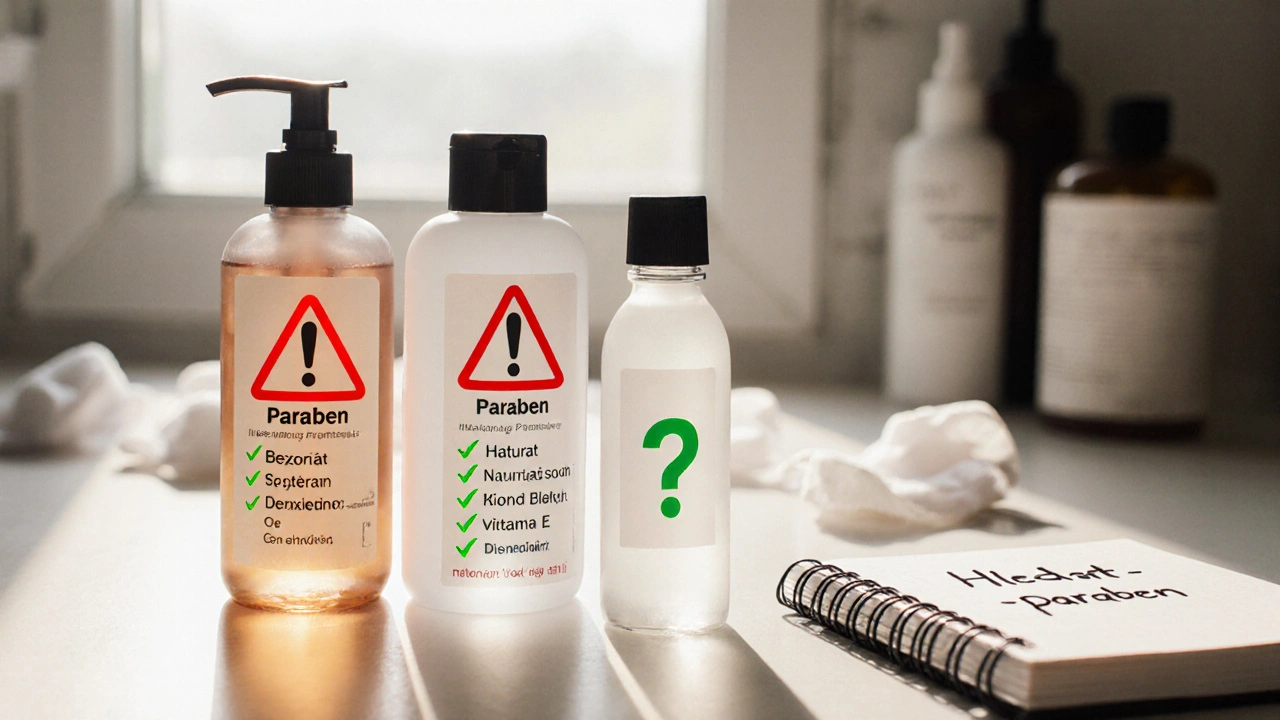 Tři kosmetické láhve na stole s označením bezpečných a nebezpečných složek.