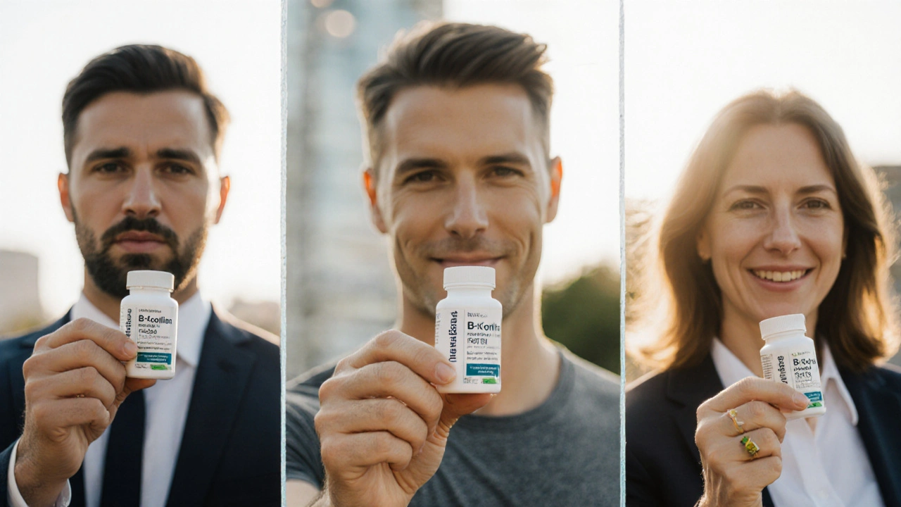 Tři lidé různých typů drží tablety B-komplexu forte v zářících světelných proudech.