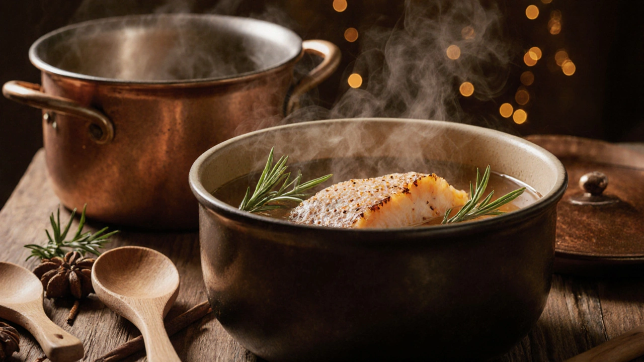 Vařící vývar z rybích kostí s sušenými šupinami a bylinkami v české kuchyni.