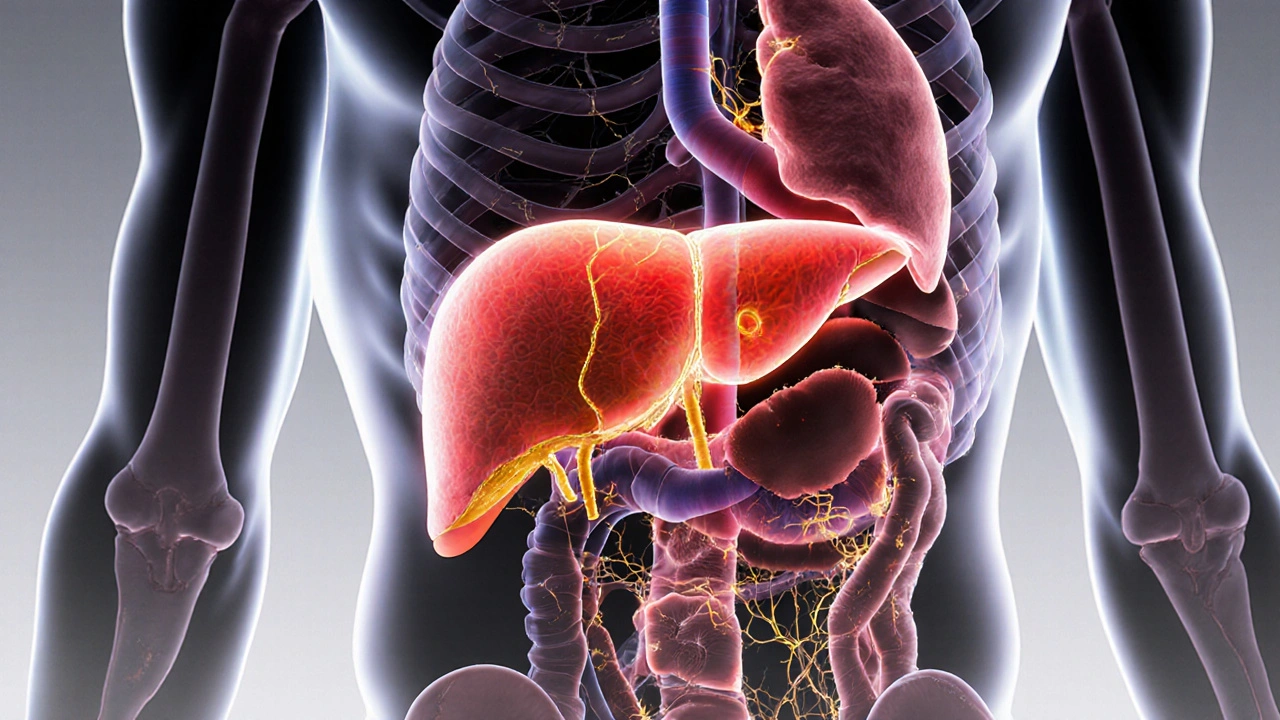 Vnitřní zobrazení těla s regenerující játrou, obnovujícími se neurony a imunitními buňkami.