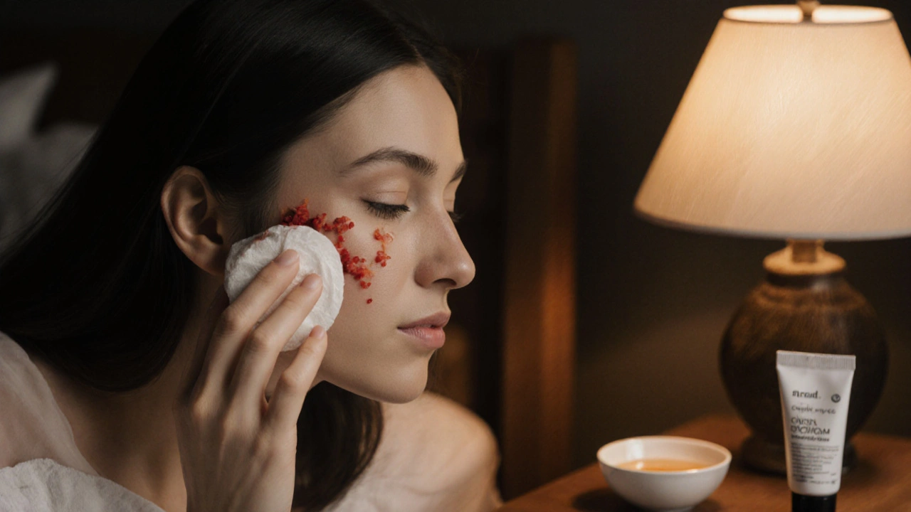 Žena aplikuje ředěnou šťávu z cibule na tvář večer při slabém světle.