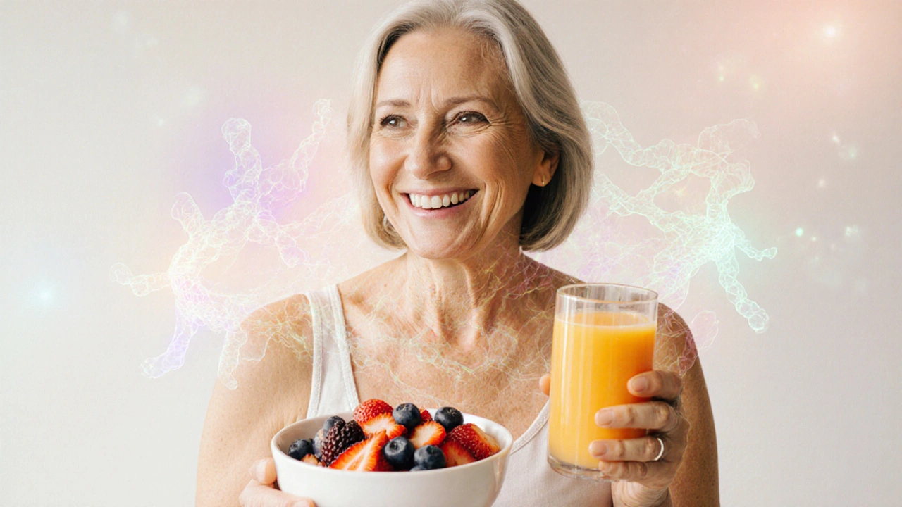 Žena drží míchu s bobulovým ovoce a pomerančovou šťávou, symbolizující přirozenou výživu pro kolagen.