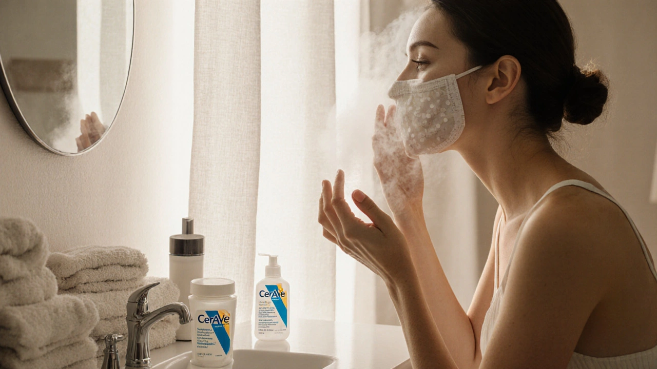 Žena používá čistič CeraVe v koupelně s jemným světlem.