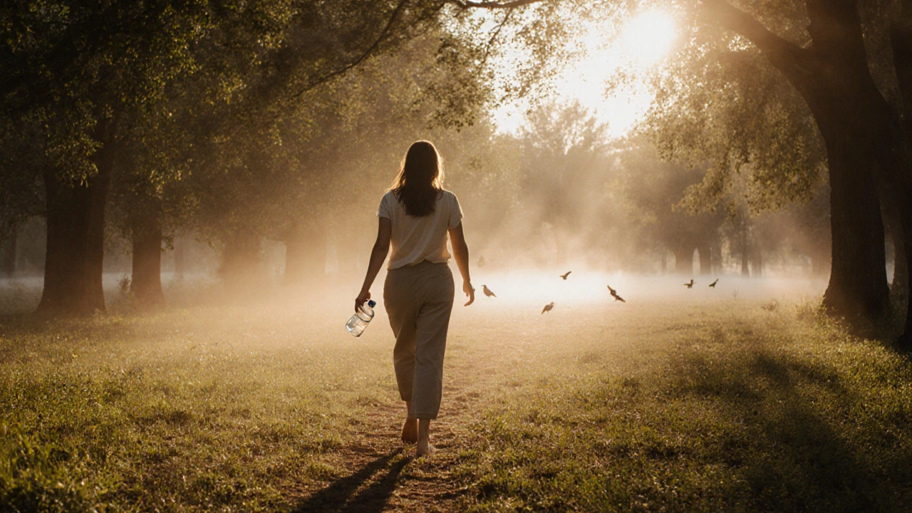 Žena prochází lesním parkem na ranním světle, klidně a bezpečně, s láhví vody.