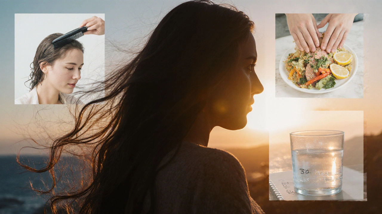 Žena s hustými vlasy v ranním světle, symbolicky přecházející od stresu a špatné péče k zdravému životnímu stylu.