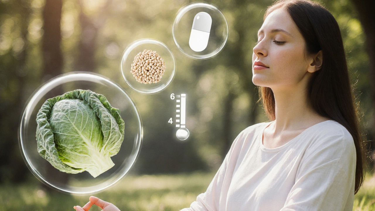 Žena v meditaci je obklopena symbolem potravin a pH rovnováhy v přírodě.