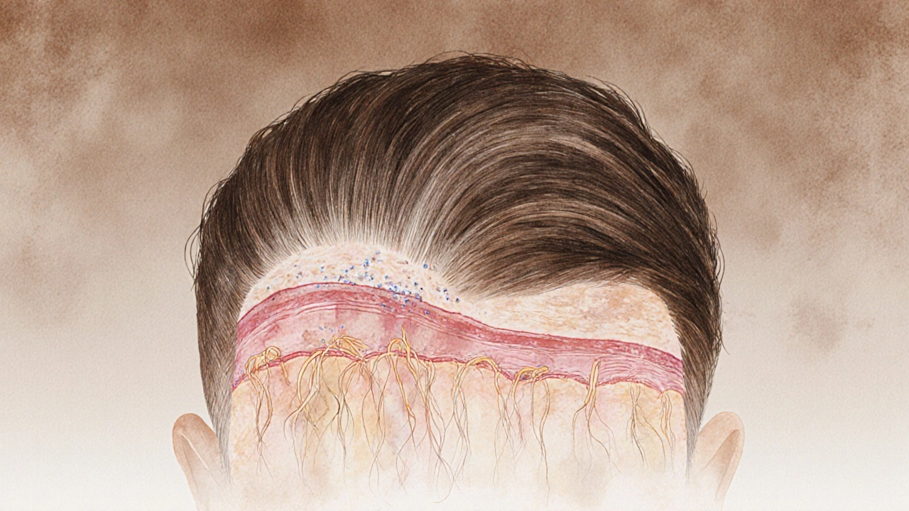Zvětšený pohled na kůži hlavy s různými fázemi růstu vlasů.