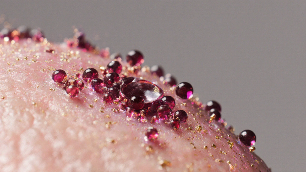 Zvětšený pohled na kůži s bioaktivními látkami z cibule pronikajícími do buněk.